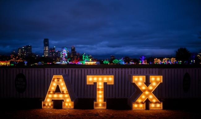 a building with lights on at night